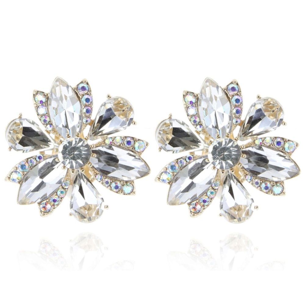 Yellow Gold with White Diamond and AB Crystal Flower Cushion Clip On Earrings